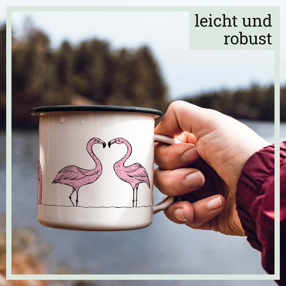 Emaille Tasse – Flamingoparade