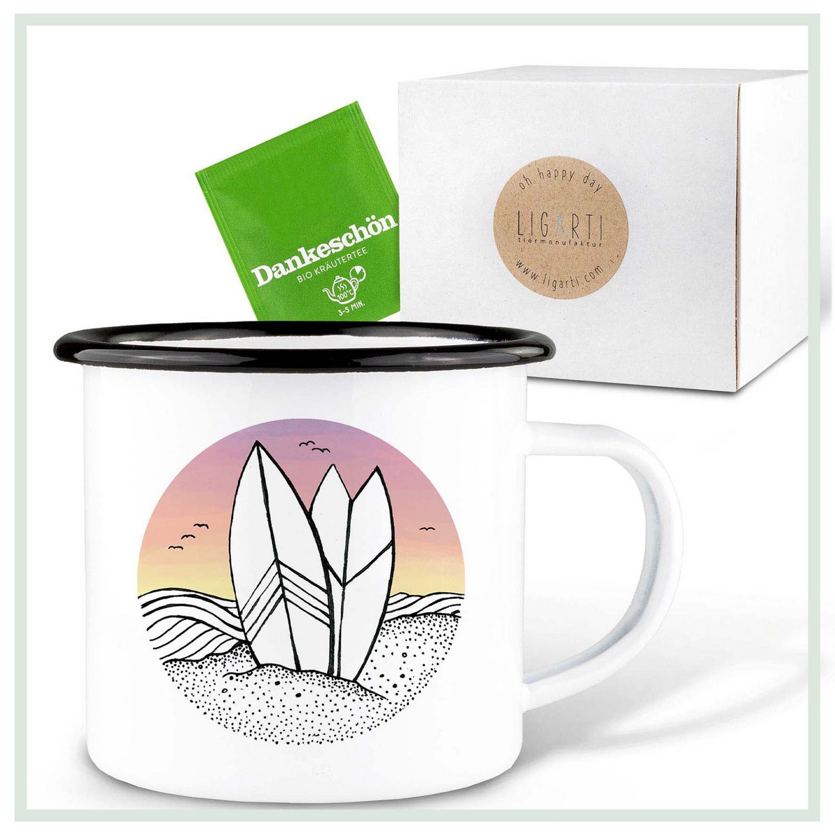 Emaille Tasse – Surfing Day and Night