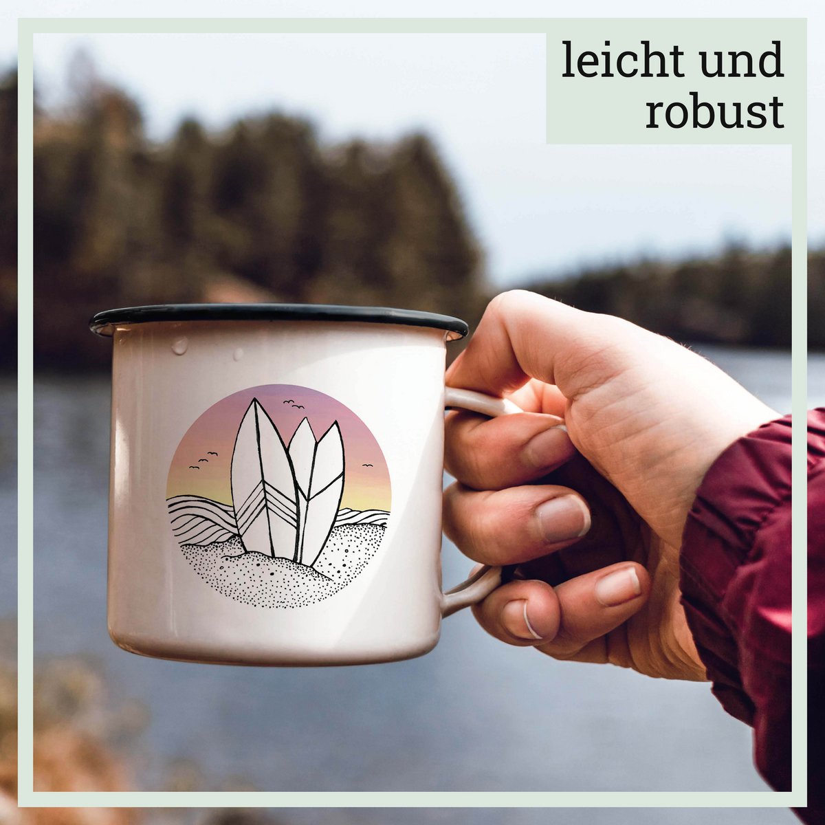Emaille Tasse – Surfing Day and Night