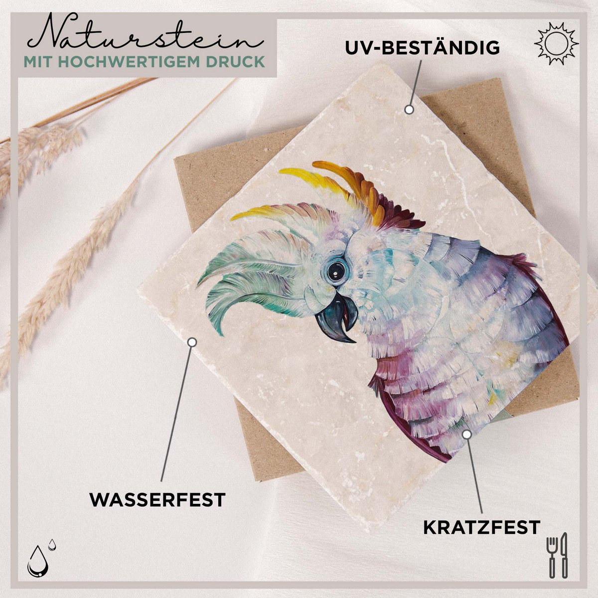 Fliesenuntersetzer – 3er-Set – Papageien Trio