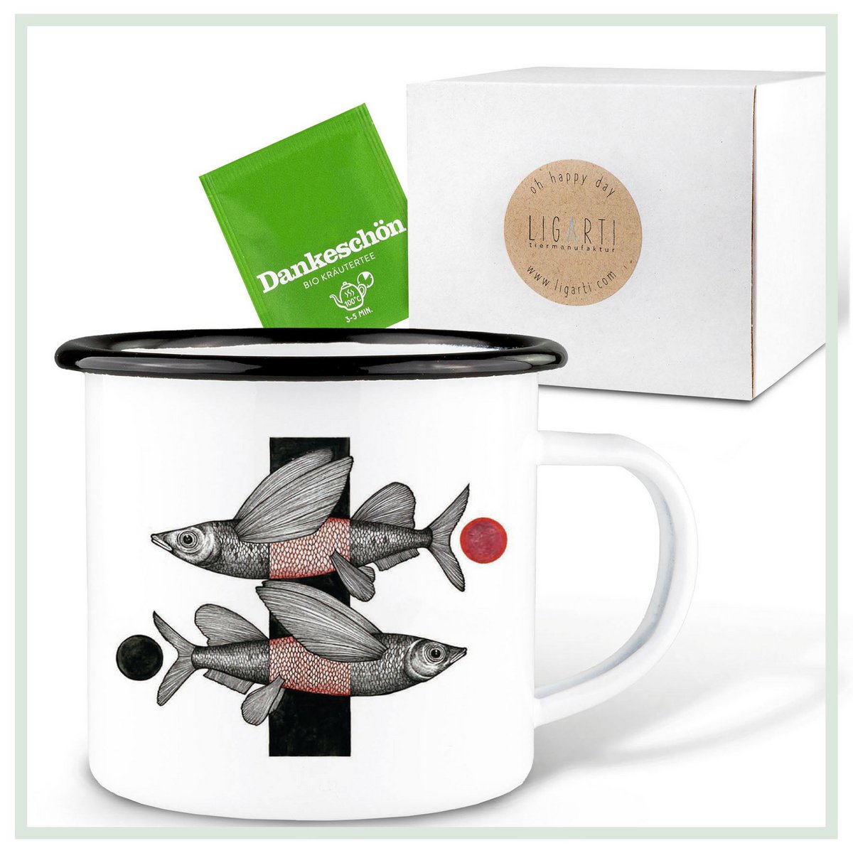 Emaille Tasse – Fliegende Fische